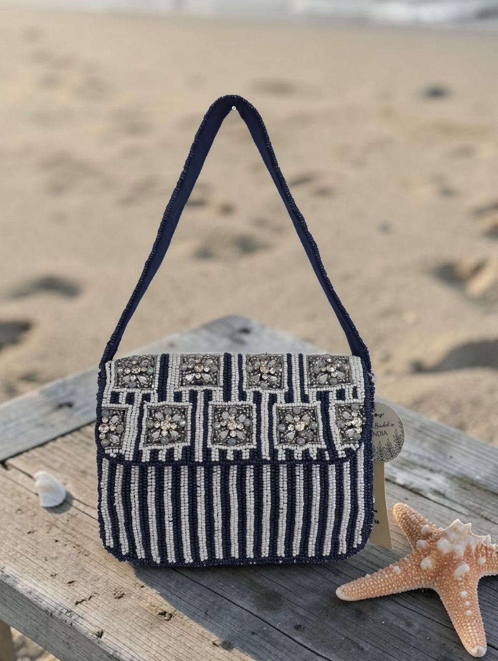 Studio 12 Navy Blue & White Rhinestone & Beaded Striped Shoulder Bag